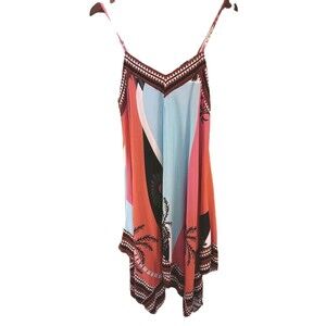 Paradise USA Tropical Palm Tree Floral Slip Dress Large Boho Geometric Border
